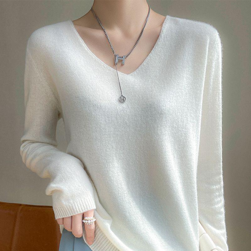 Women's V-Neck Wool Sweater: Autumn/Winter Loose-Fit, Solid Color Knit Pullover with Long Sleeves