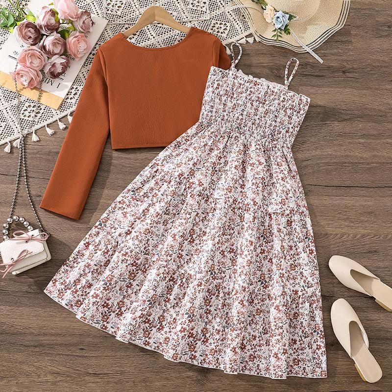 

Kid Girl Long Sleeve Bow Design Coat & Beige All Print Shirred-Bodice Sling Dress Set Cute Sweet Elegant Princess Dress for Kids 170 коричневий