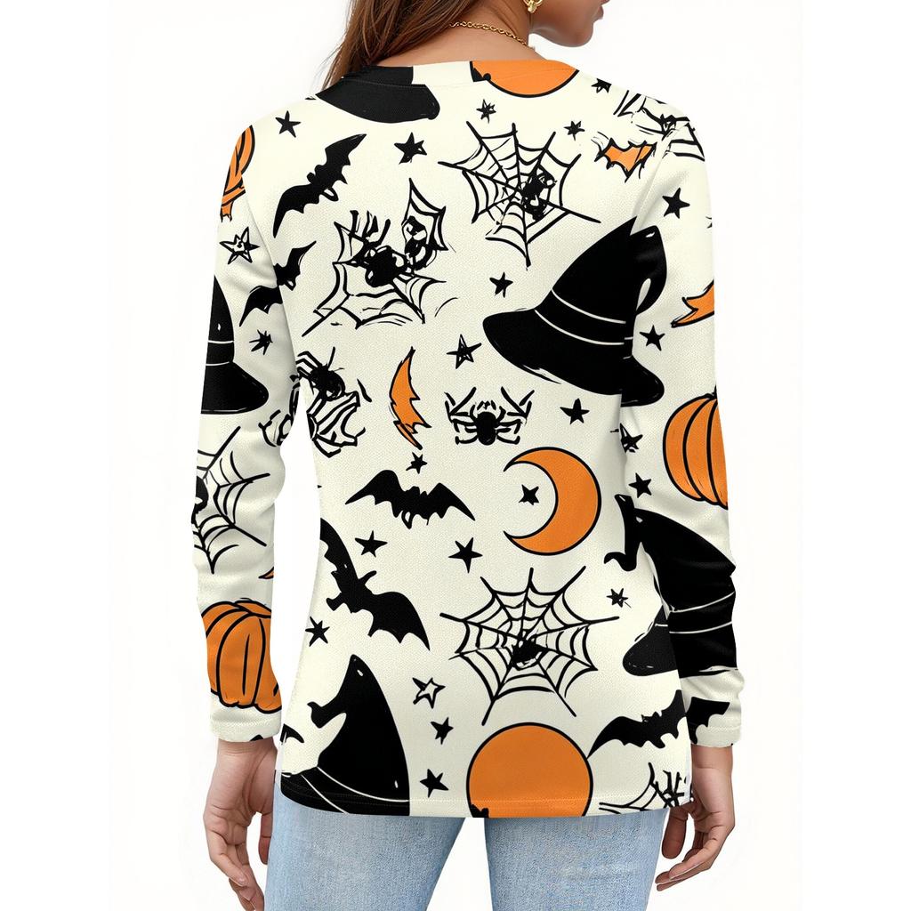 Women's Fashion Casual Halloween Printed V-Neck Button Trim Long Sleeve T-Shirt Top