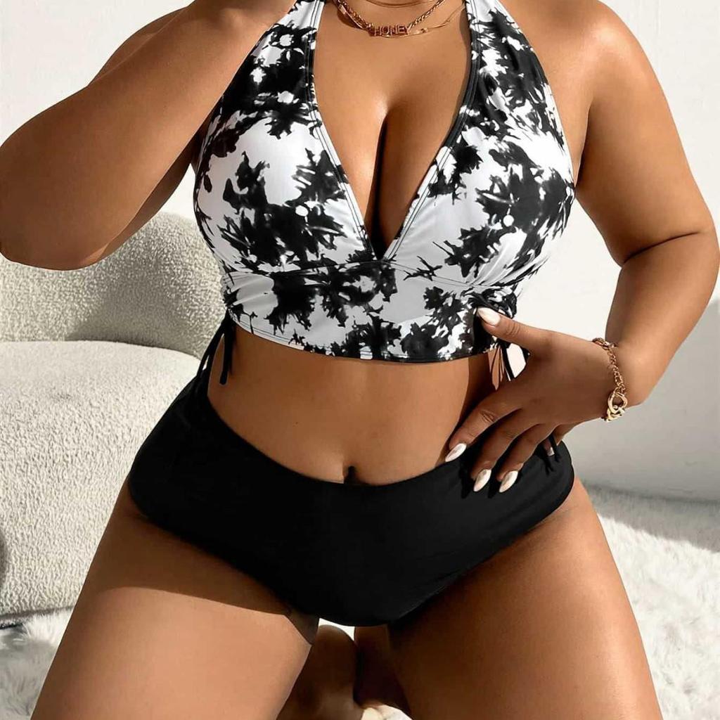 European American Plus Size Print Backless Swimsuit Women's Bikini Set 2025