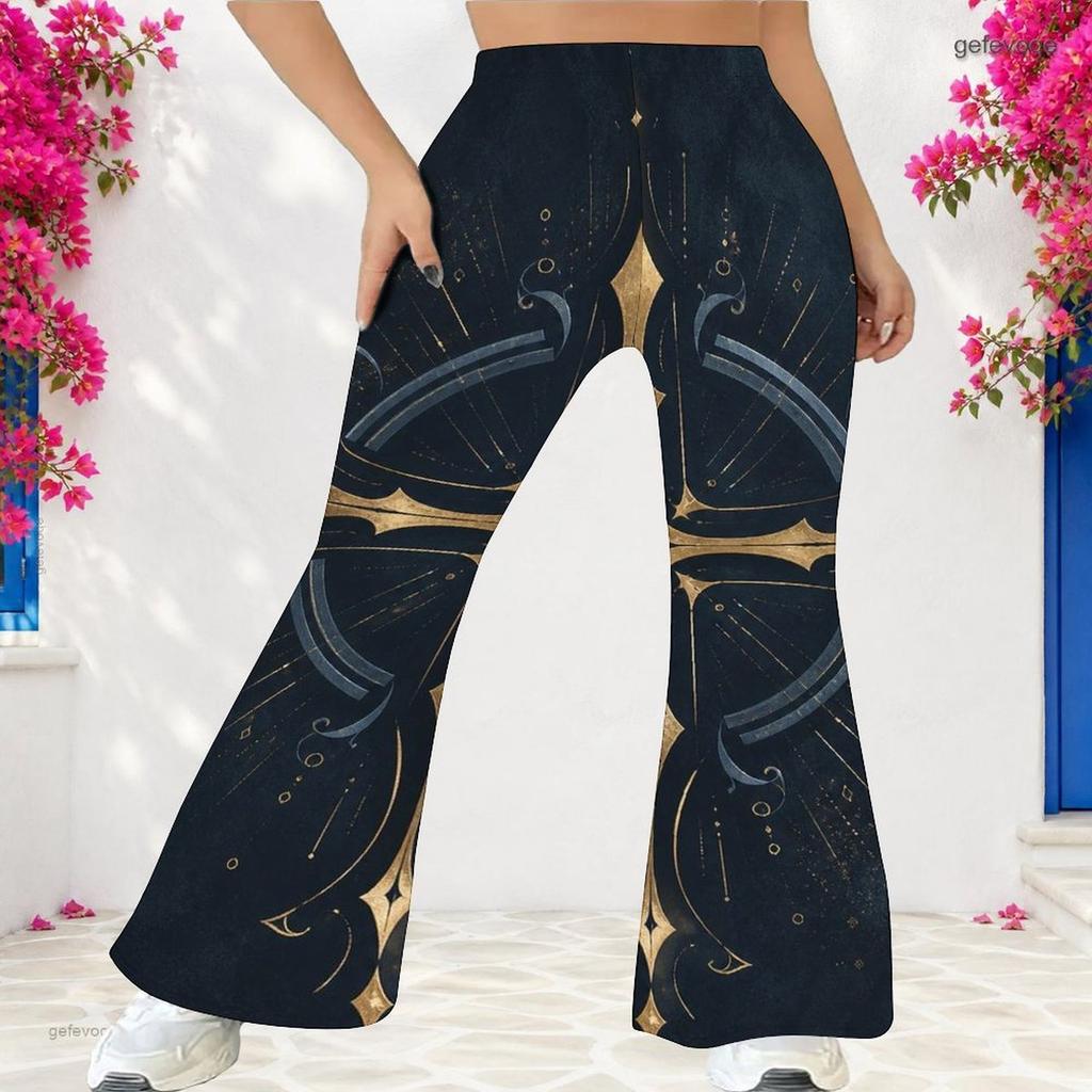Women Plus Size High Waist Red Blue Star Printed Full Length Flared Pants
