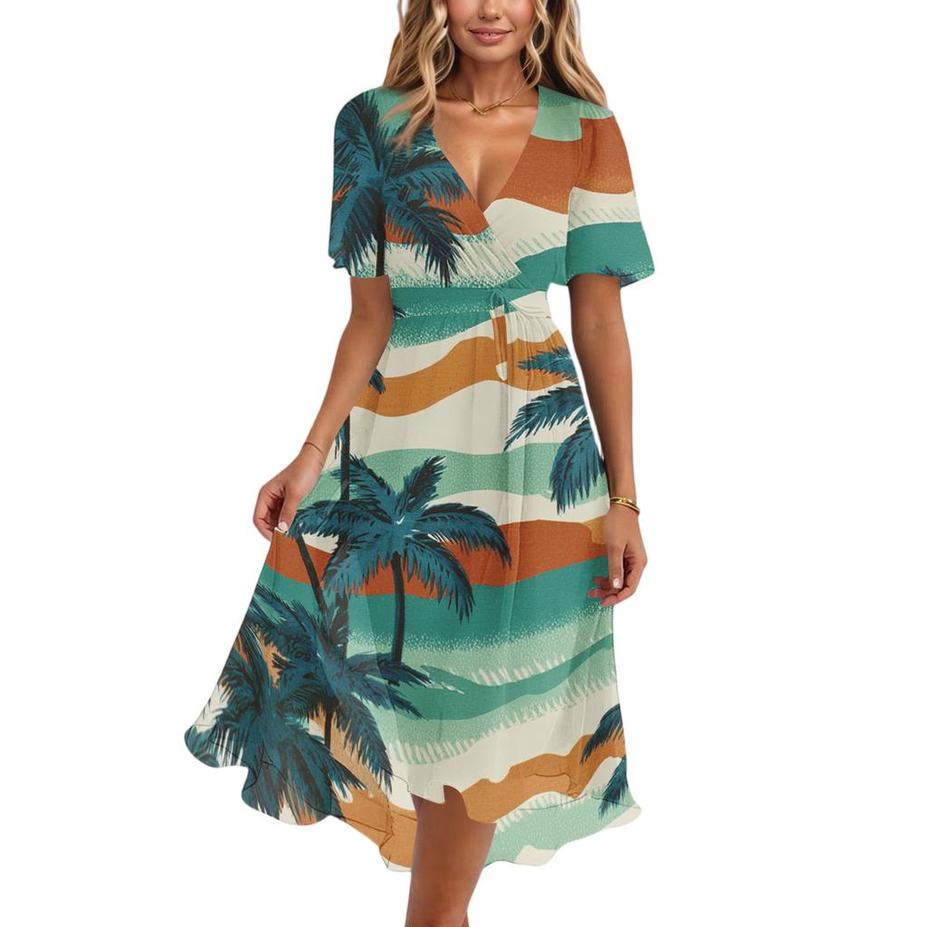 Women's Casual V Neck Short Sleeve Hawaiian Print Dress Summer Beachwear Midi Dress with Wrap Style and Relaxed Fit