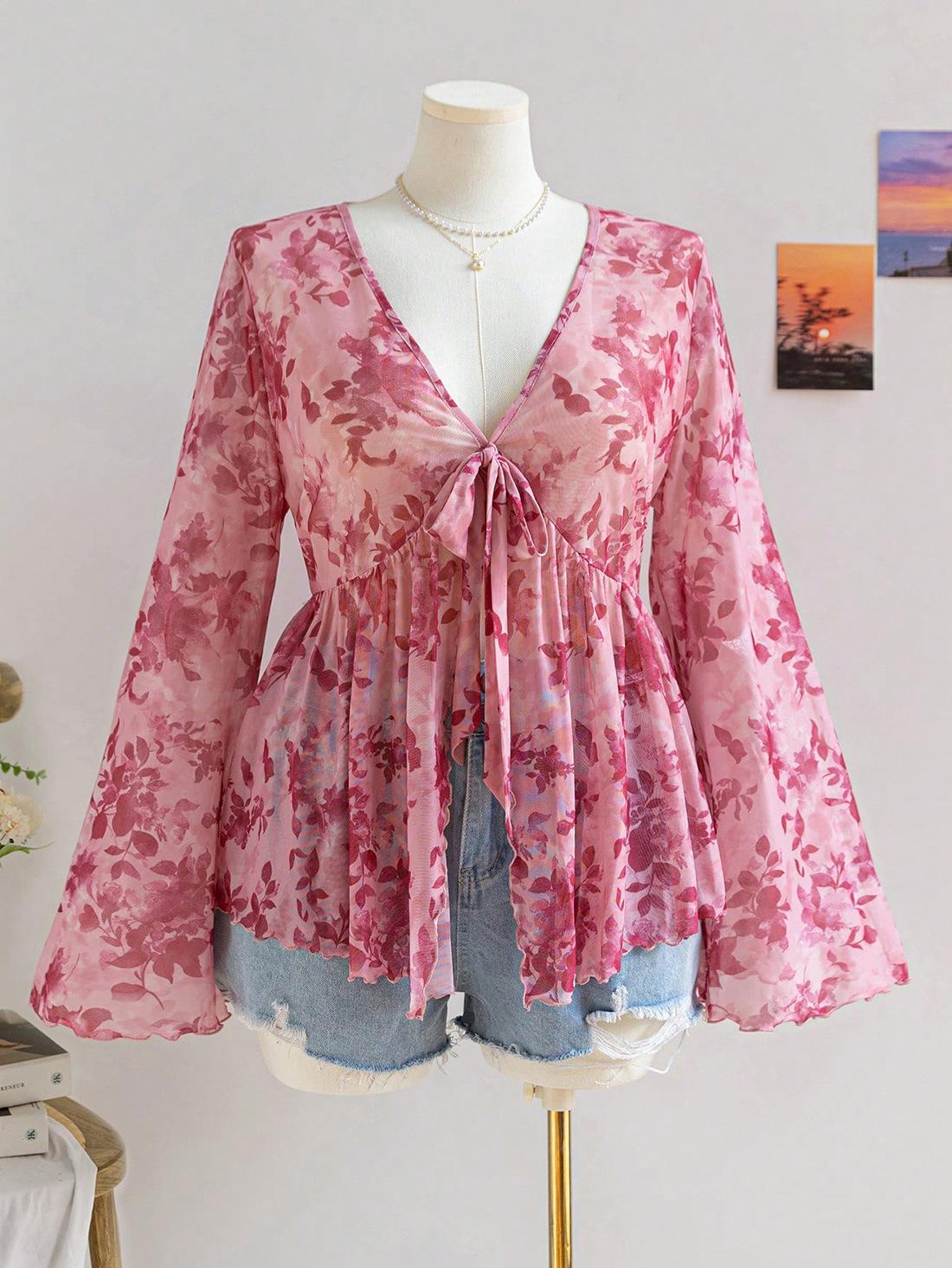 Women V Neck Butterfly Tie Blouse Floral Print Ruffle Bell Sleeve Top XL