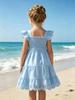 Smok Sommerkleid für Mädchen, Kleinkind-Sonnenkleid mit Rüschenärmeln und Lochstickerei, Einfarbig Blau, Mehrlagiges Partykleid für Kinder 3-7 J.