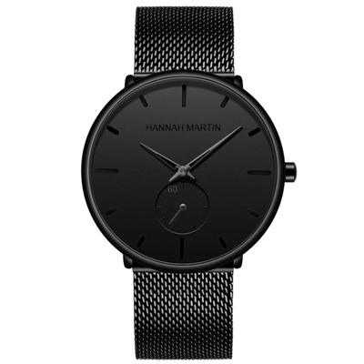 Hannah Martin Black Waterproof Dress Watch with Stainless Steel Band Men's Ultra-Thin (Black)