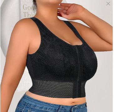 Women Front Buckle Wireless Breathable Hollow Lace Gathered Shaping Bra 0XL чёрный