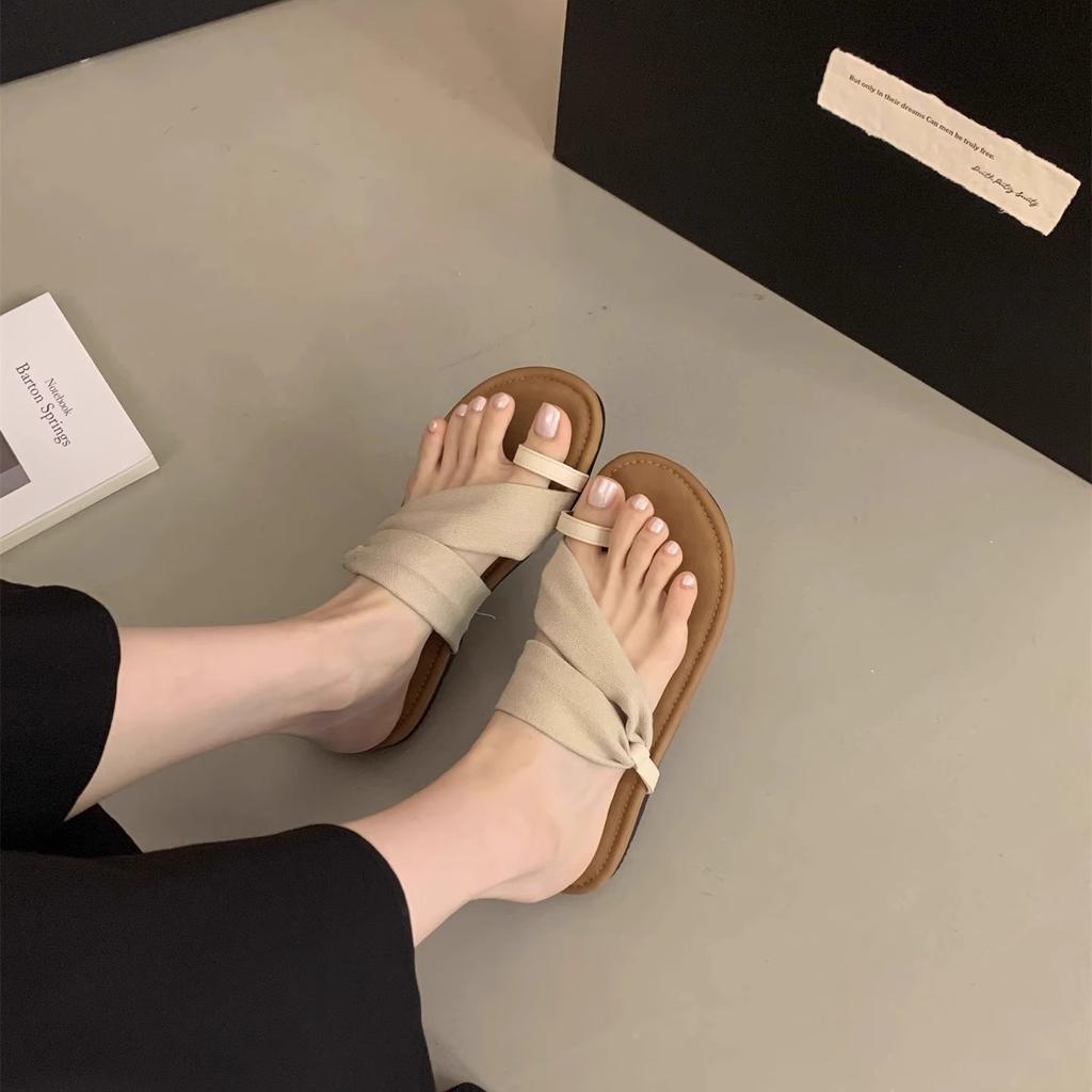 Summer linen slippers women's new cover toe casual sandals beach shoes seaside vacation soft flat Roman shoes