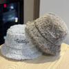 Korean Version English Embroidered Plush Fisherman Hat for Women Winter Warm Windproof Ear Protection Thickened Basin Hat Showing Face and Trend