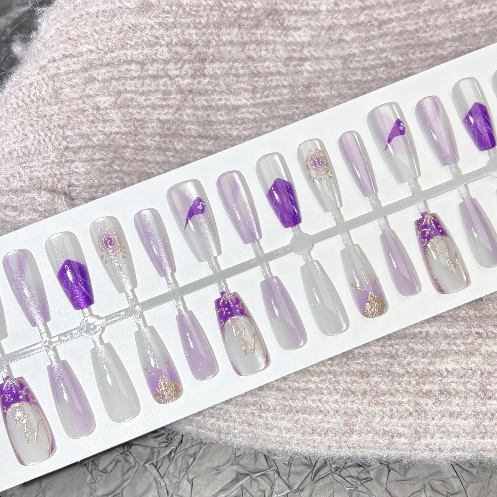 

2025 Омбре Фиолетовые Кошачий глаз Позолоченные Длинные Накладные Ногти