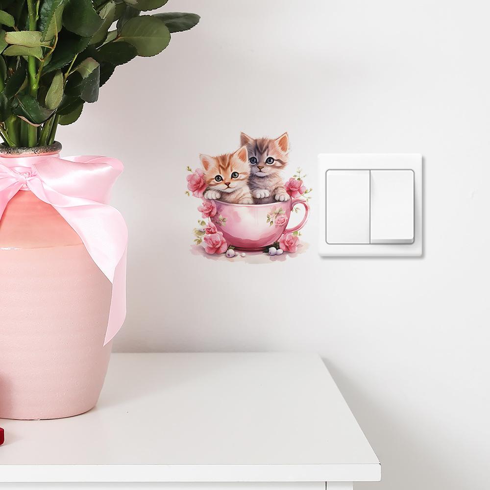Whimsical Teacup Cat with Flowers Light Switch Stickers Playful Cartoon Decals for Living Room and Hallway Decor