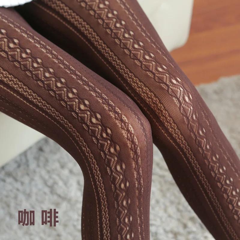 Sexy Spitze Strick Baumwolle Strumpfhosen Damen Mädchen Herbst Ausgeschnitten Gestreifte Strümpfe Damen Einfarbig Lolita Strumpfhosen XS-3XL brown
