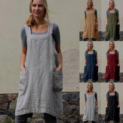 Damen-Latzkleid aus Baumwolle und Leinen mit quadratischer Kreuzschürze, Gartenarbeit-Latzkleid