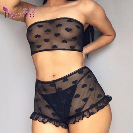 

Плюс Размер Нижнее белье Сексуальный Горячий Эротика Увидеть через Babydoll Сердце Печать Нижнее белье Набор Трубка Топ Микро Шорты