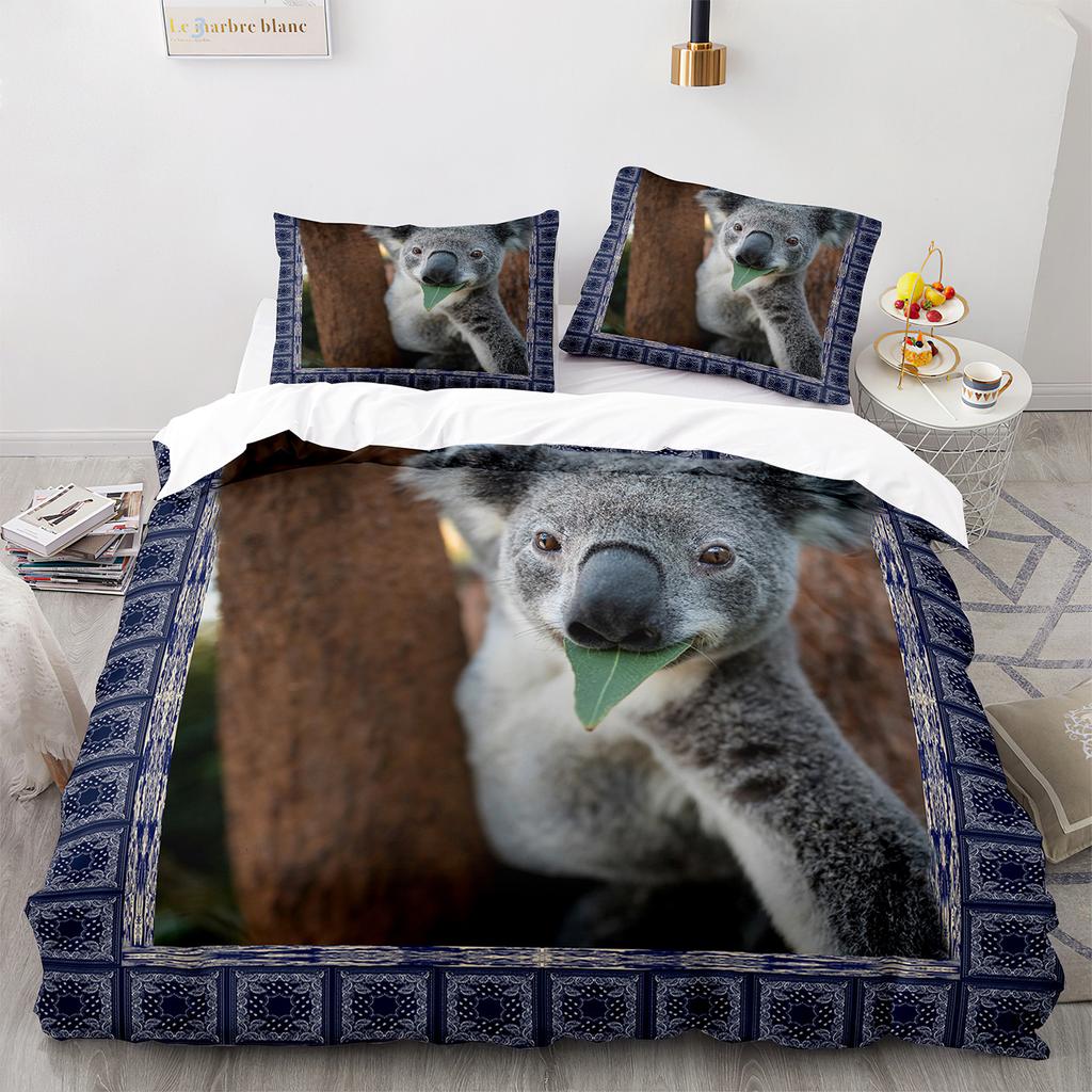 Zestaw Poszwy na Kołdrę Koala Uroczy Wzór Zwierzęcy Zestaw Pościeli Liść Palmy Poliester Poszwa na Kołdrę dla Dzieci Rozmiar Pełny/Twin/Queen/King