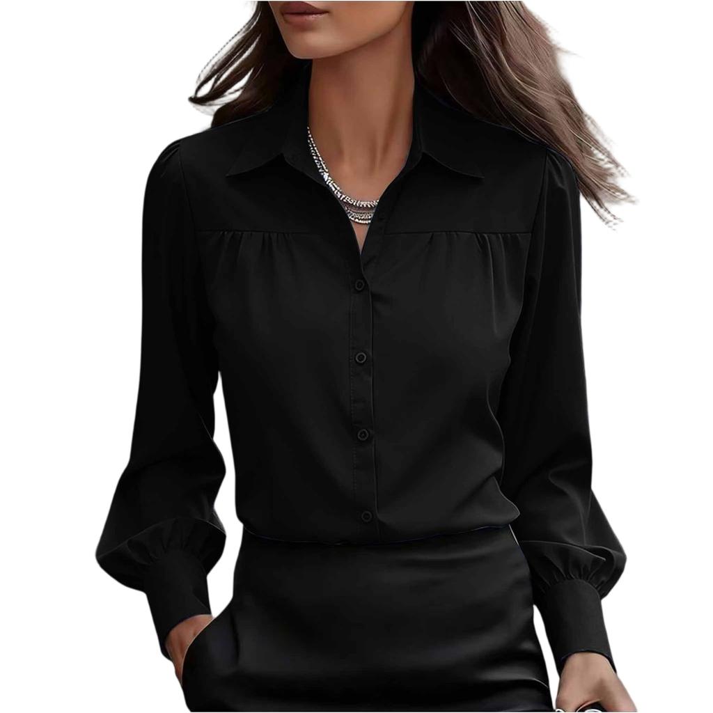 Women's Fashionable Color Lapel Casual Button Long Sleeved Shirt Top