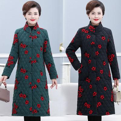 Chinese Style Embroidered Cotton Coat for Middle Aged Women Thickened Warm Long Jacket with Frog Buttons