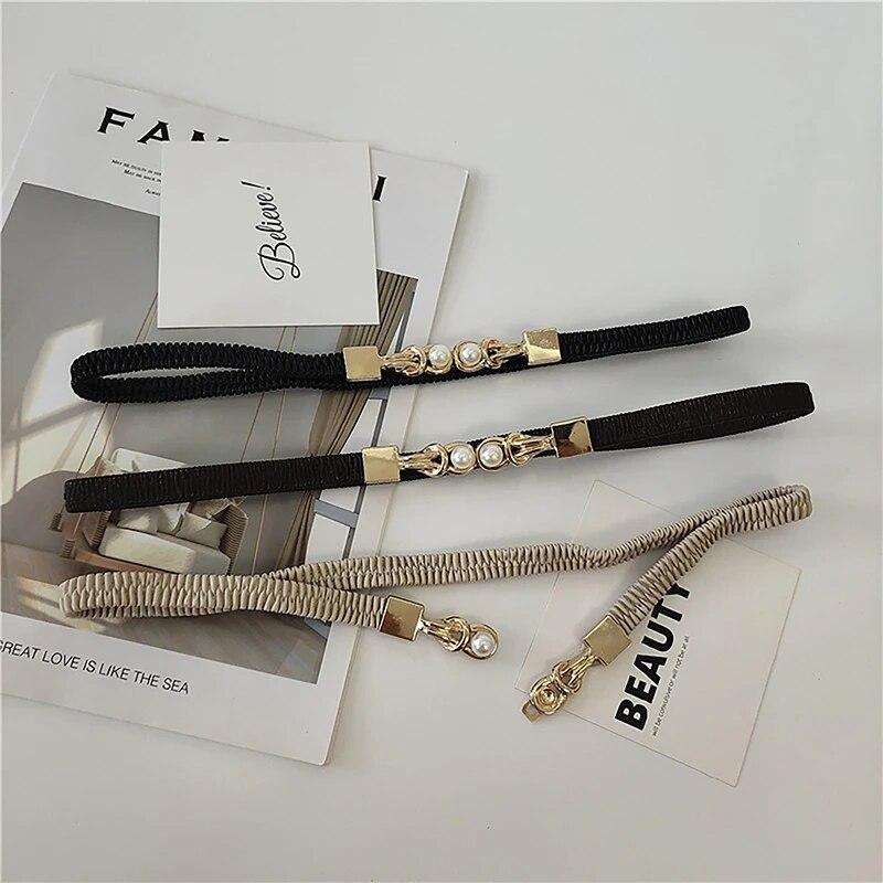 

Элегантные эластичные женские ремни с двойной жемчужной пряжкой, черные тонкие ремни, женское платье для девочек, юбка, декор, пояса