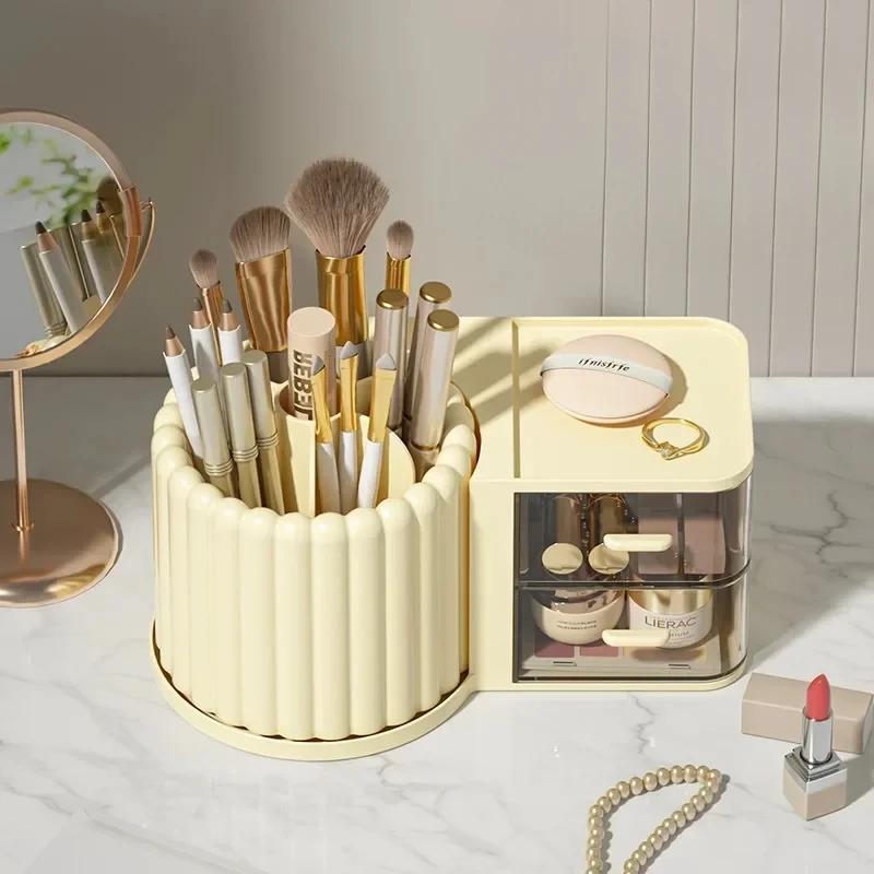 

2 in 1 Creative Rotating 360° Pen Holder with Cosmetic Storage Box Student Storage Box Pen Holder Shelf Makeup Organizers розовый