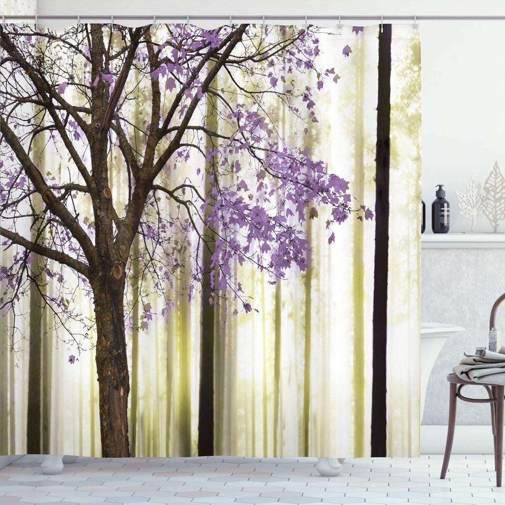 Autumn Shower Curtain,Fall Season Theme Forest Tree Leaves on An Abstract Woodland Background Bathroom Curtains with Hooks