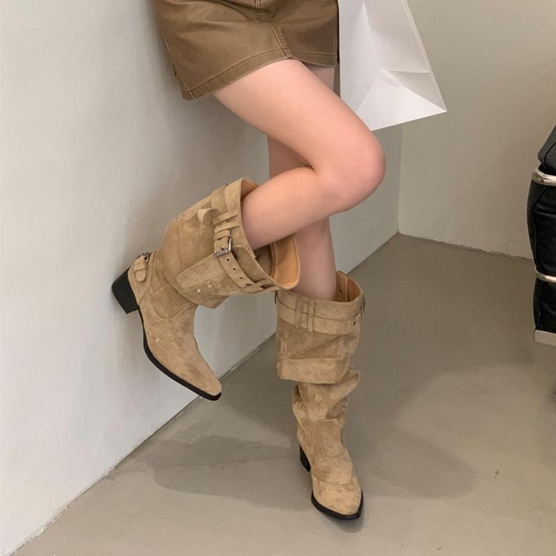 New Style Women's Pointed Toe Women High Boots High Heels Chunky Elegant Shoes Winter Trend Women’s Motorcycle Boots