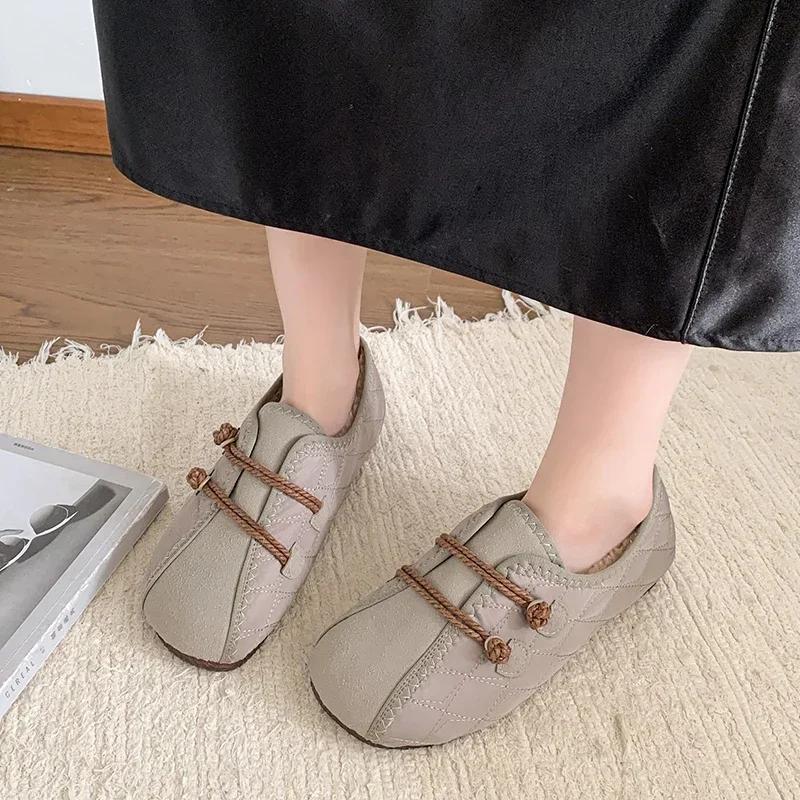 

Мода 2025 Зима Новые Бархатные Теплые Трендовые Ретро Удобные Круглый Носок Плоская Подошва Теплые Бобы Хлопковые Туфли Большой Размер 41 42 Женские Новые 35 хаки