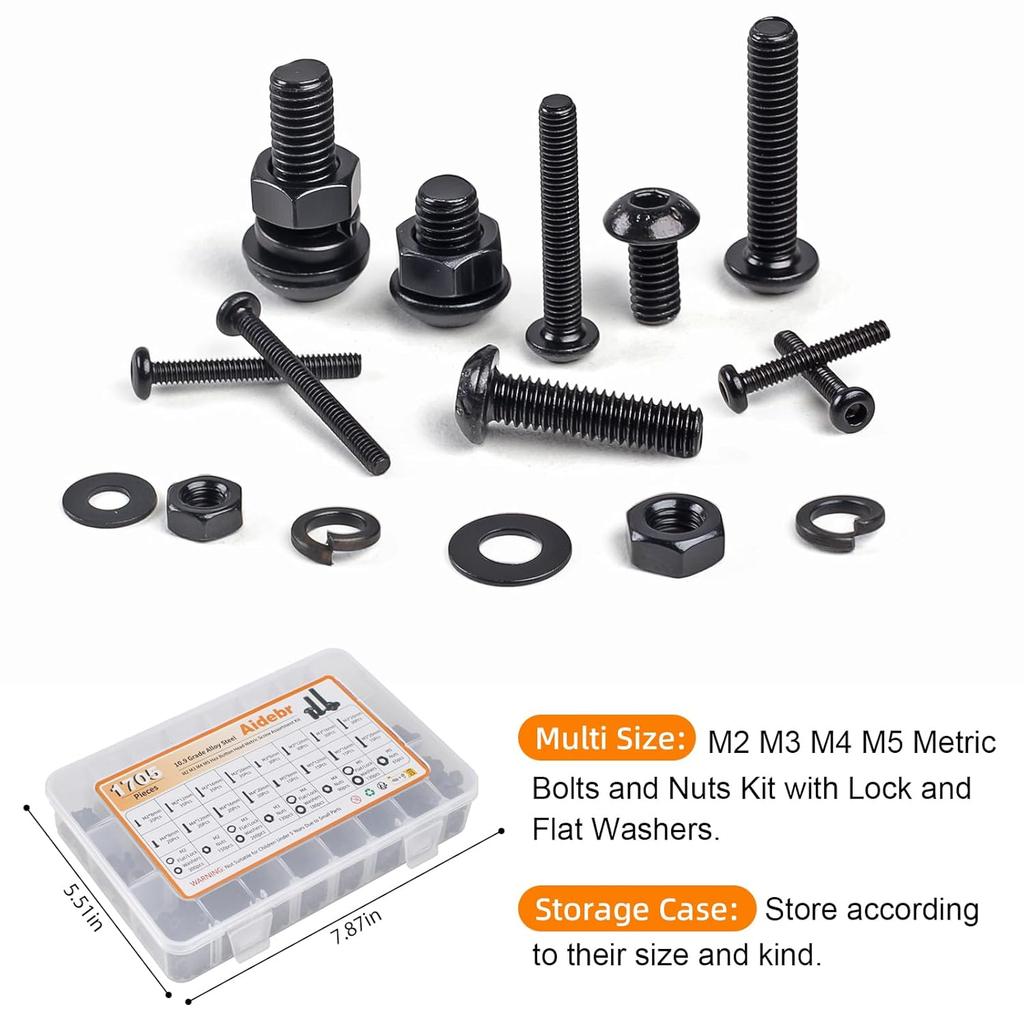1705PCS Hex Button Head Machine Screw Assortment Kit, M2 M3 M4 M5 Metric Bolts and Nuts Kit with Lock & Flat Washers and Allen Wrench, Grade 10.9