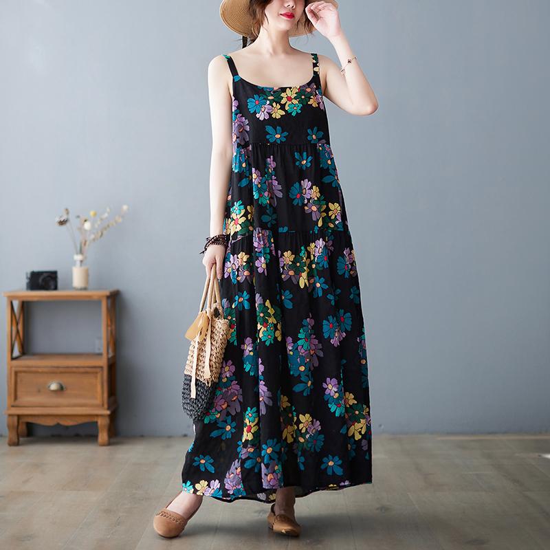 

DIMANAF женское платье Лето плюс размер пляжный сарафан без рукавов льняной богемный принт с цветами модное свободное повседневное длинное платье большого размера One Size чёрный