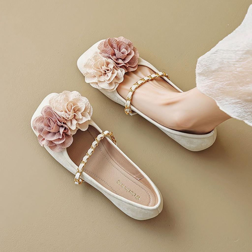 Lightweight Square Head Single Shoes Women's Flat Shoes 2025 New Shallow Mouth Word with Flowers French Fairy Style Grandma Shoes Women