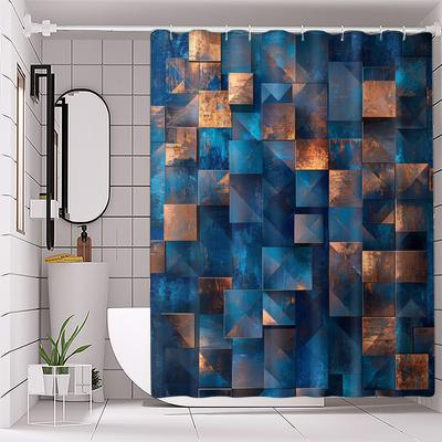 1 Piece Blue Geometric Digital Print Polyester Shower Curtain with Hooks, Modern Bathroom Decor, Curtain | Polyester Fabric