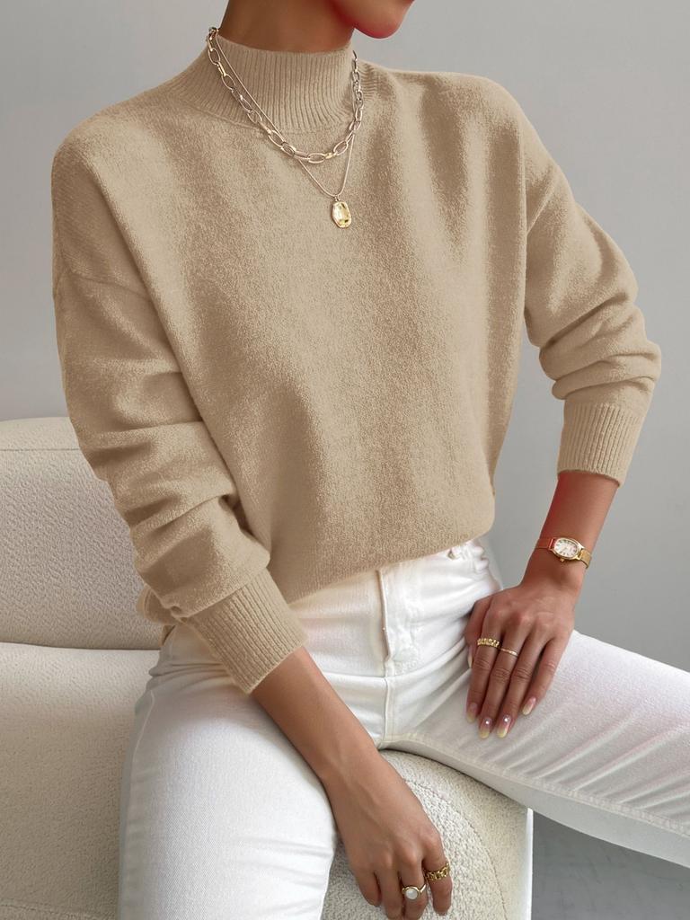 Women's Slim-Fit Ribbed Knit Mock Neck Long Sleeve Tops