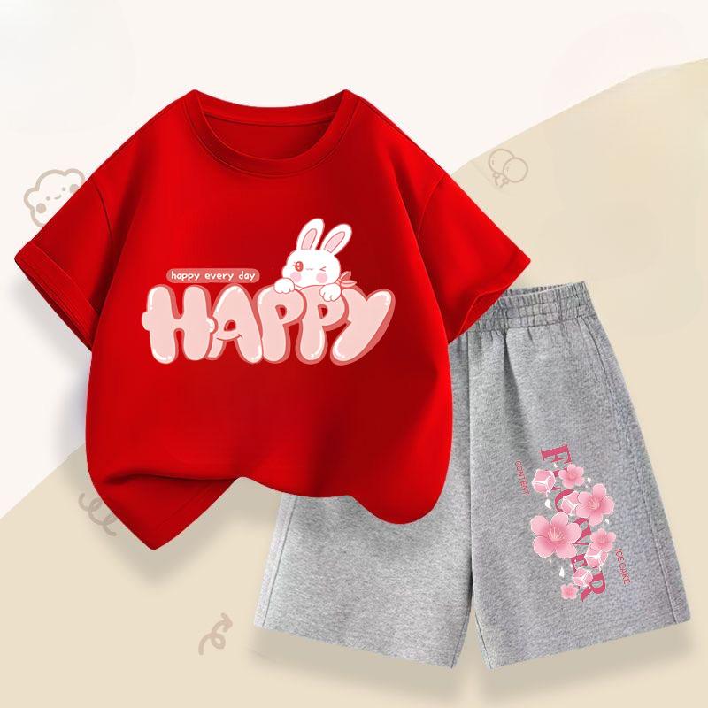 Summer Girls' Casual Set: Cute Rabbit Print Breathable T-shirt + Short-sleeved Pants Fashionable and Comfortable Set