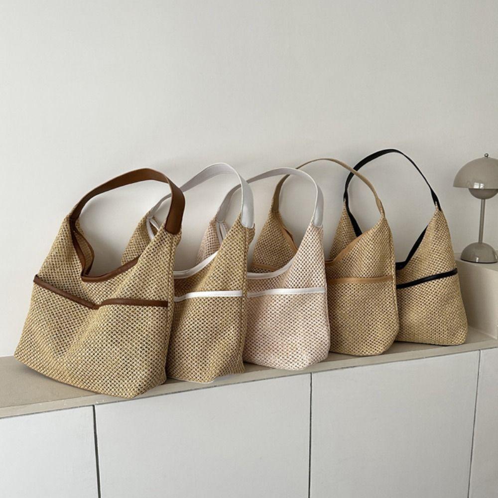 Large Capacity Straw Shoulder Bag with Pocket Underarm Tote Bag Trendy Woven Handbag  Outdoor