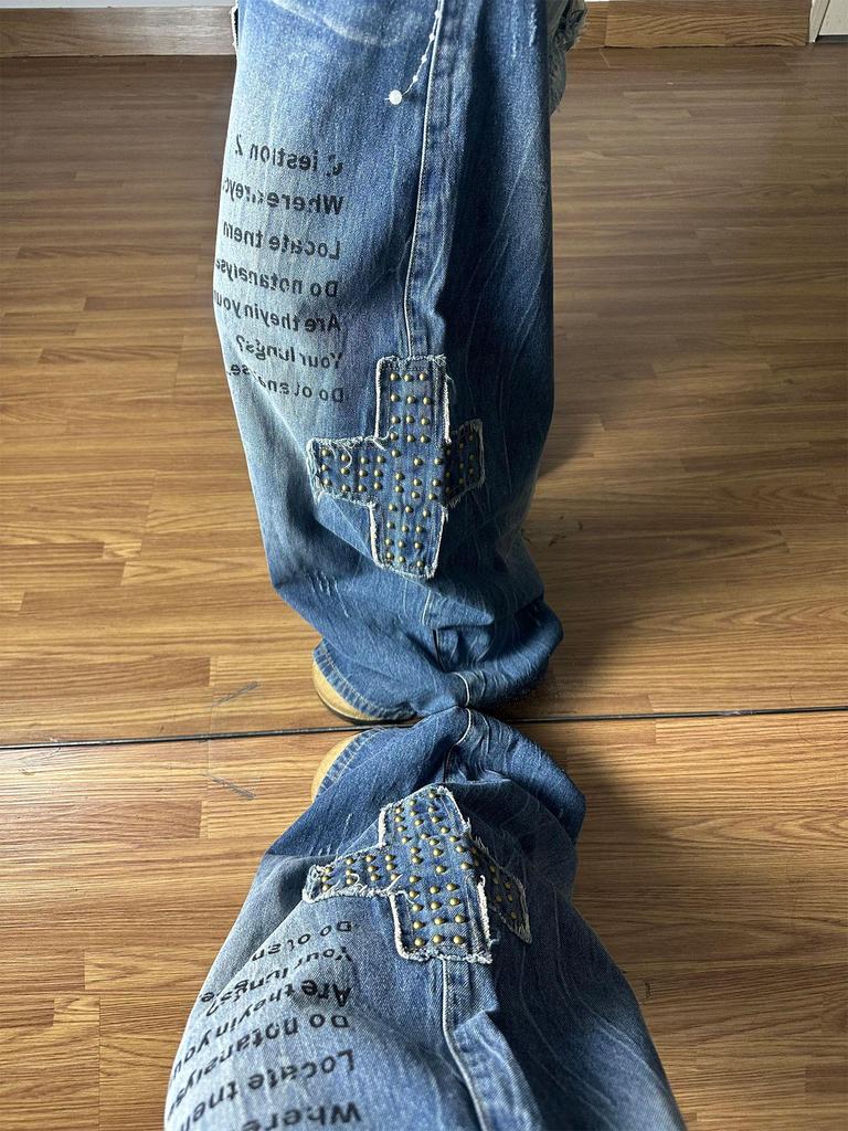 2025 American Spicy Girl Wide-Leg Rivet Distressed Jeans for Women - Autumn Street Style