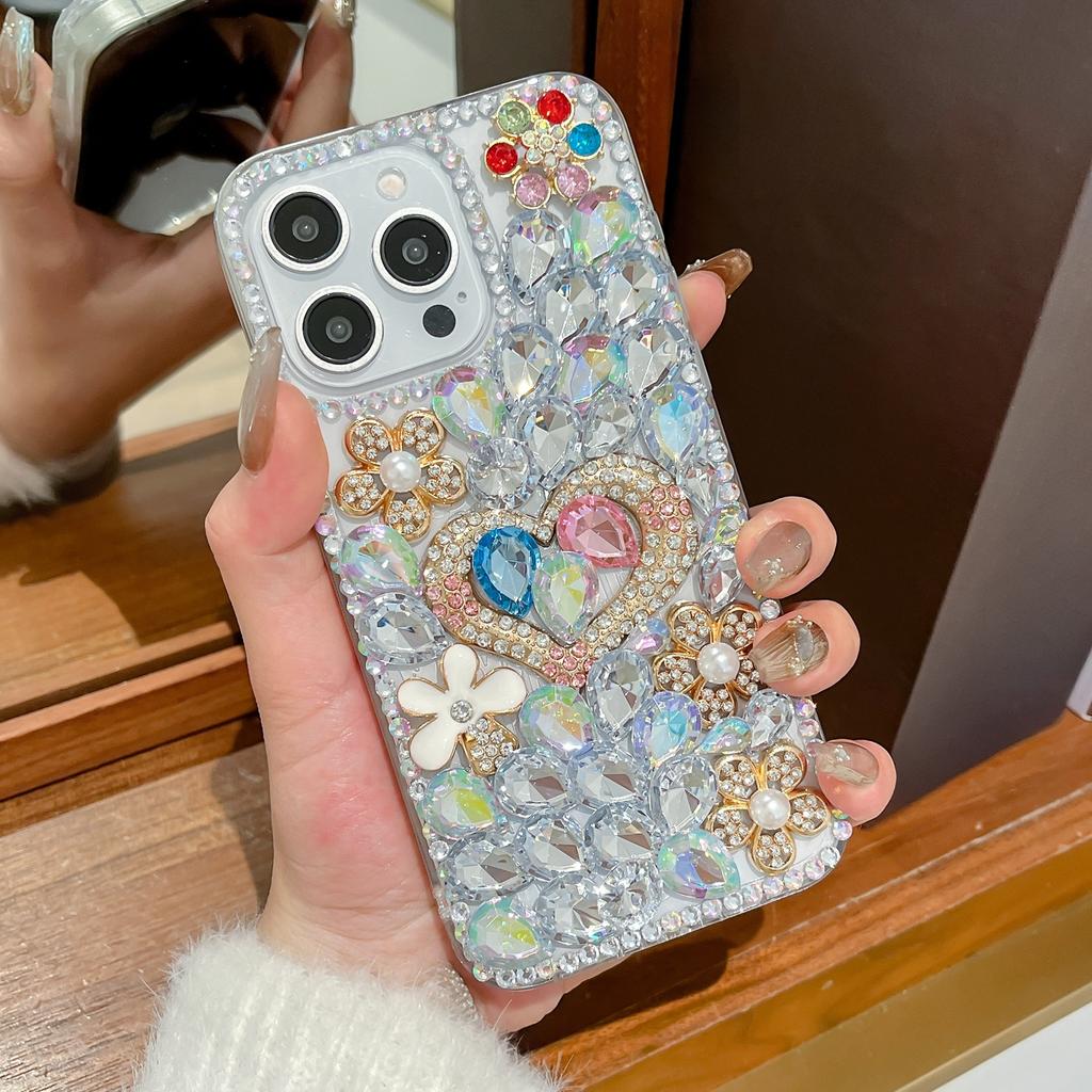Luxury 3D Bling Glitter Crystal Rhinestone Heart Floral Phone Case For iPhone 17 16 15 14 13 12 11 Pro Max Air Mini 16e 8 7 Plus X XS XR