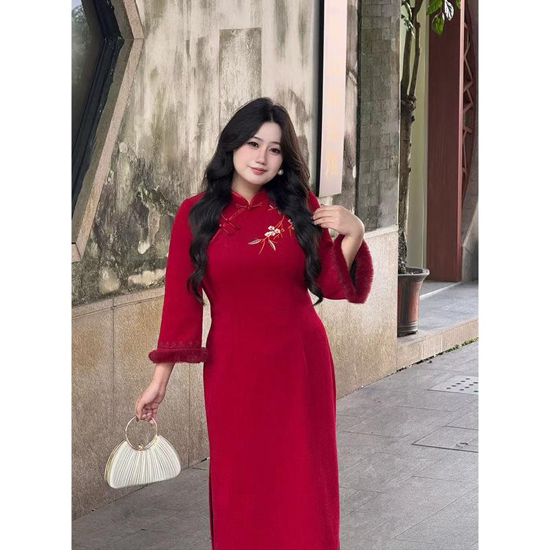 Fat MM New Chinese Literary and Retro Dress Women's Winter New Long-sleeved Fashion Cheongsam