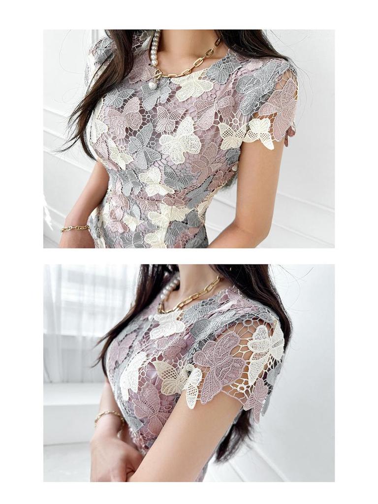 Sommer-Blumen-Spitzenkleid 2025 mit Rundhalsausschnitt - Figurbetont, Mittellang, Farbblock-Design