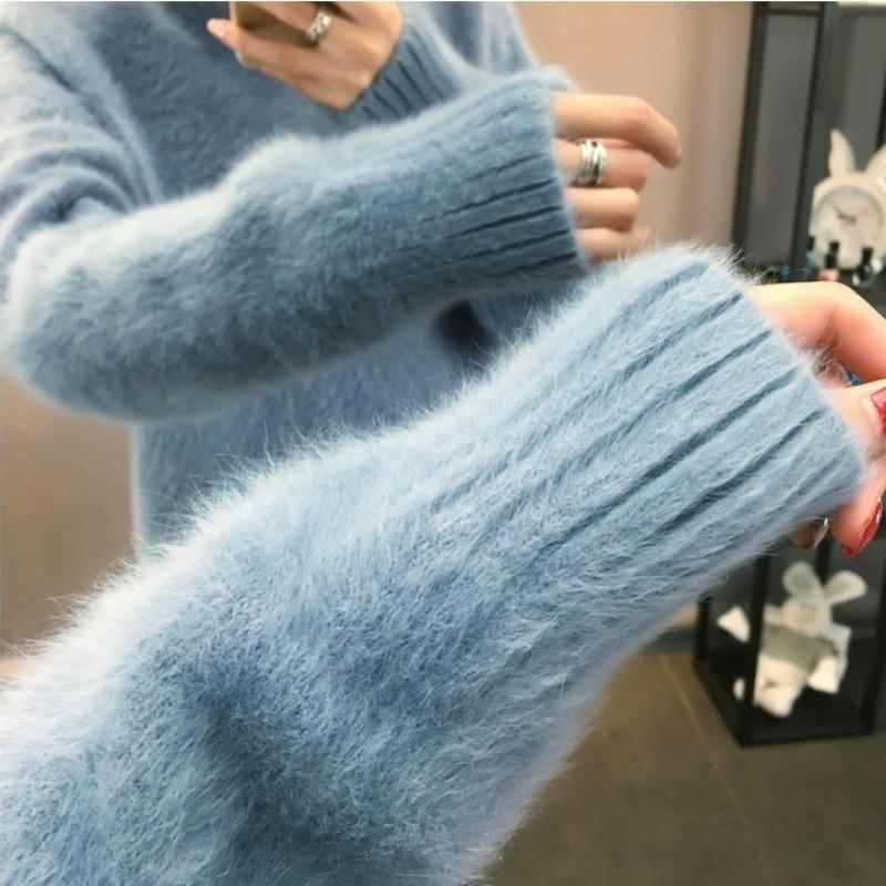 2024 Autumn Thick Velvet Warm Pullover Sweater Women Winter Clothing Fashion Loose Outerwear Half High Neck Knitted Sweaters Ladies Tops 25143