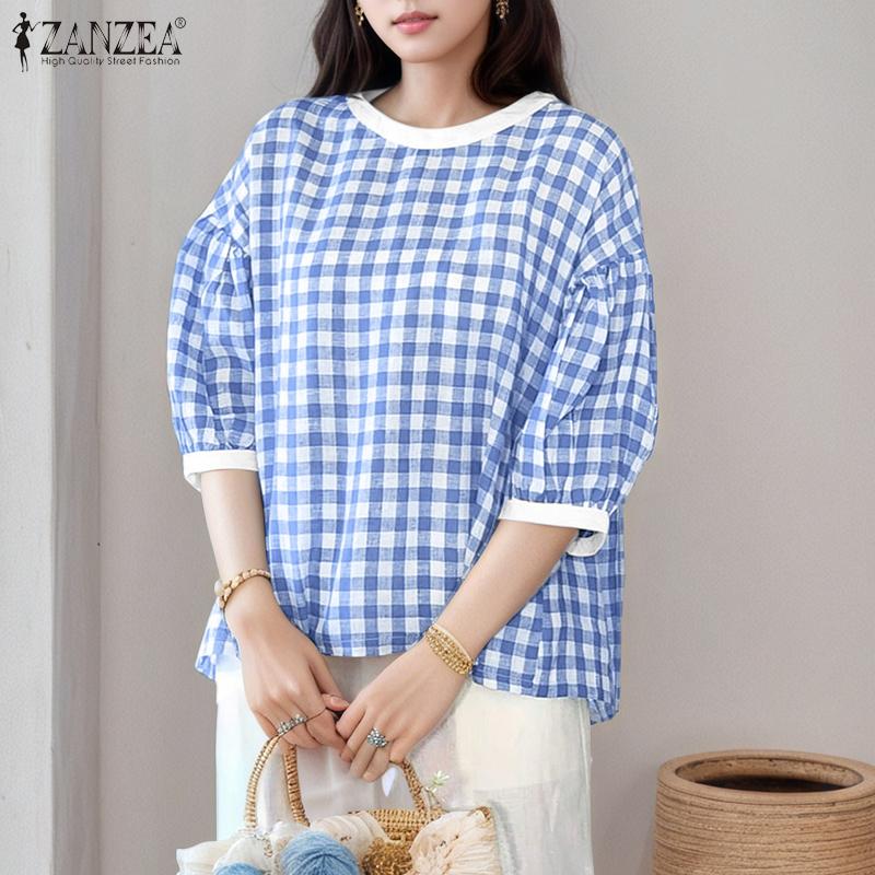 ZANZEA Women Casual Round Neck Half Sleeve Grid Print Blouse