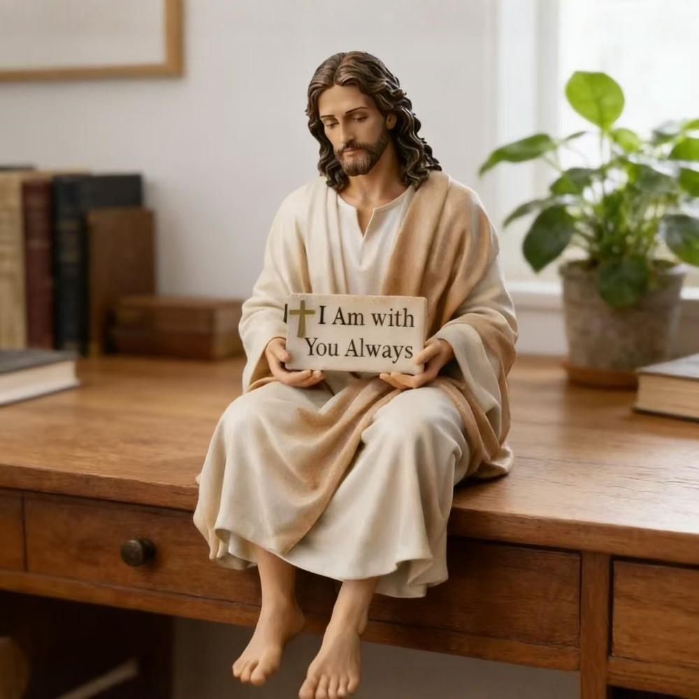 Hand Painted Jesus Figurine I Am with You Always Handmade Jesus Christ Statue Sitting Pose Unique Resin Jesus Ornament