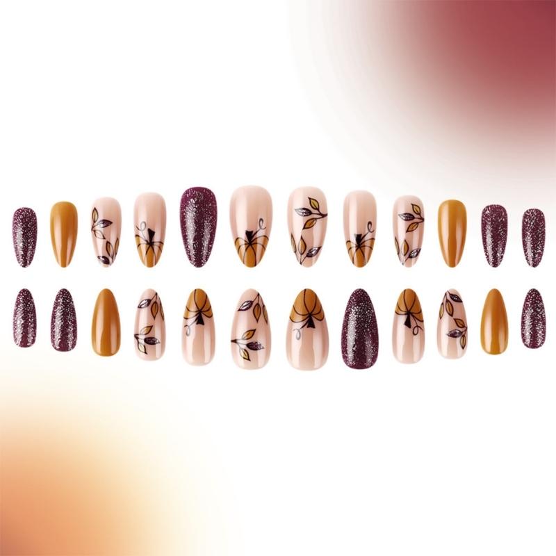 Maple Leaf Desings Halloween Stick On Nail Thanksgiving Gift Almond False Nails for a Festive Autumn Nail Makeover