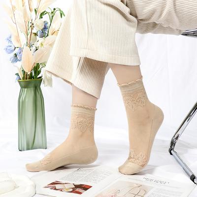 5 Paar Damen Frühling und Sommer Dünne Florale Baumwolle Unten Transparent Retro Spitze Röhre Kristall Strümpfe