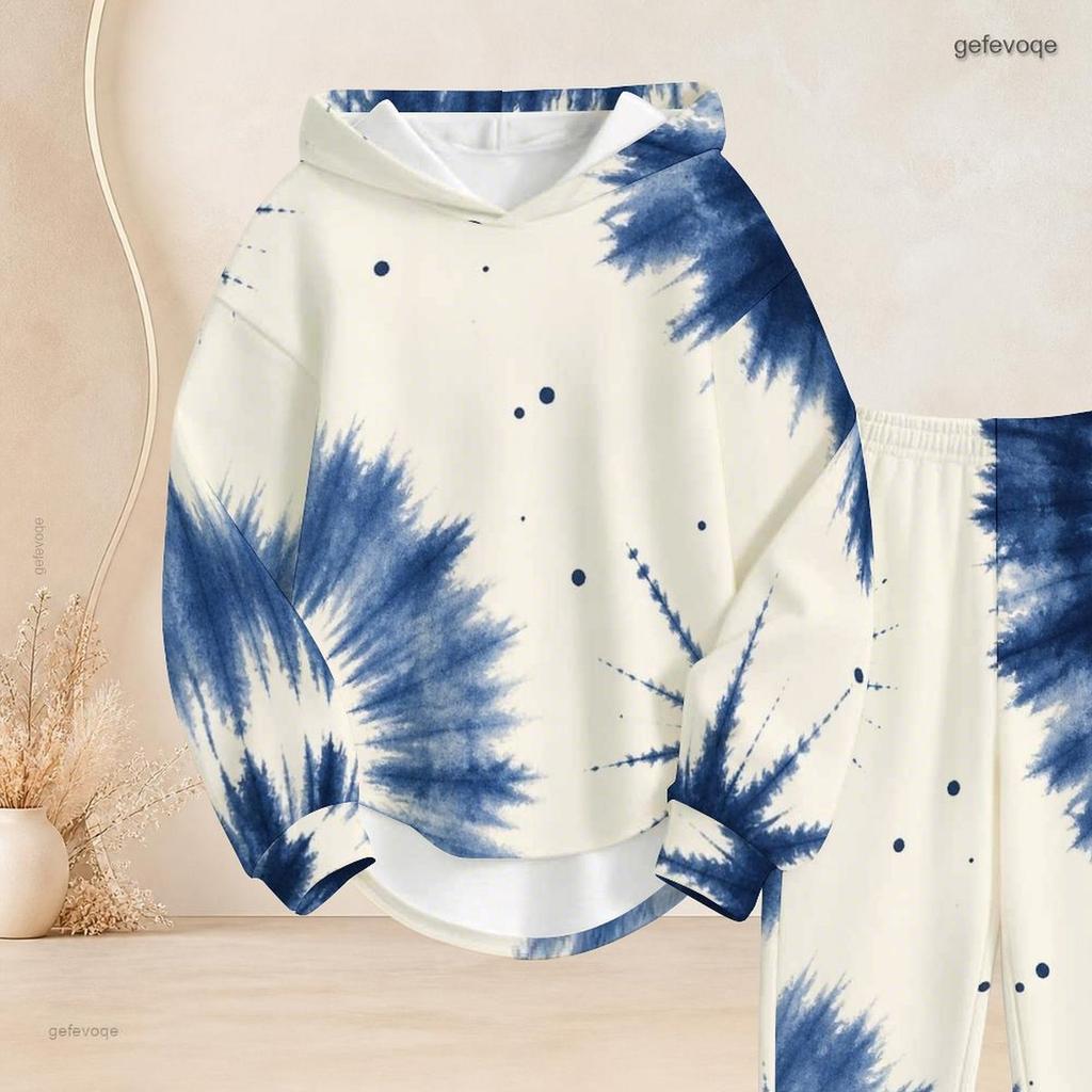 Women Plus Size Blue White Printed Two Piece Set Long Sleeve Hooded Top Cuffed Pants