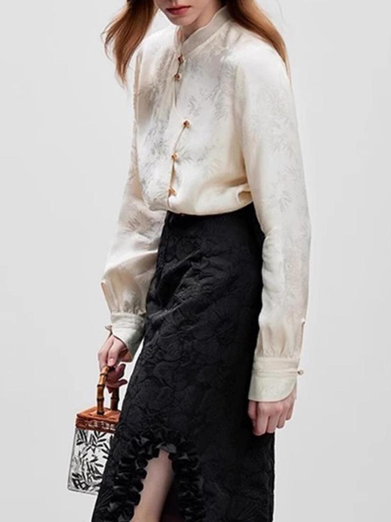 Damen 2024 Frühling Jacquard Stehkragen Knopfhemd