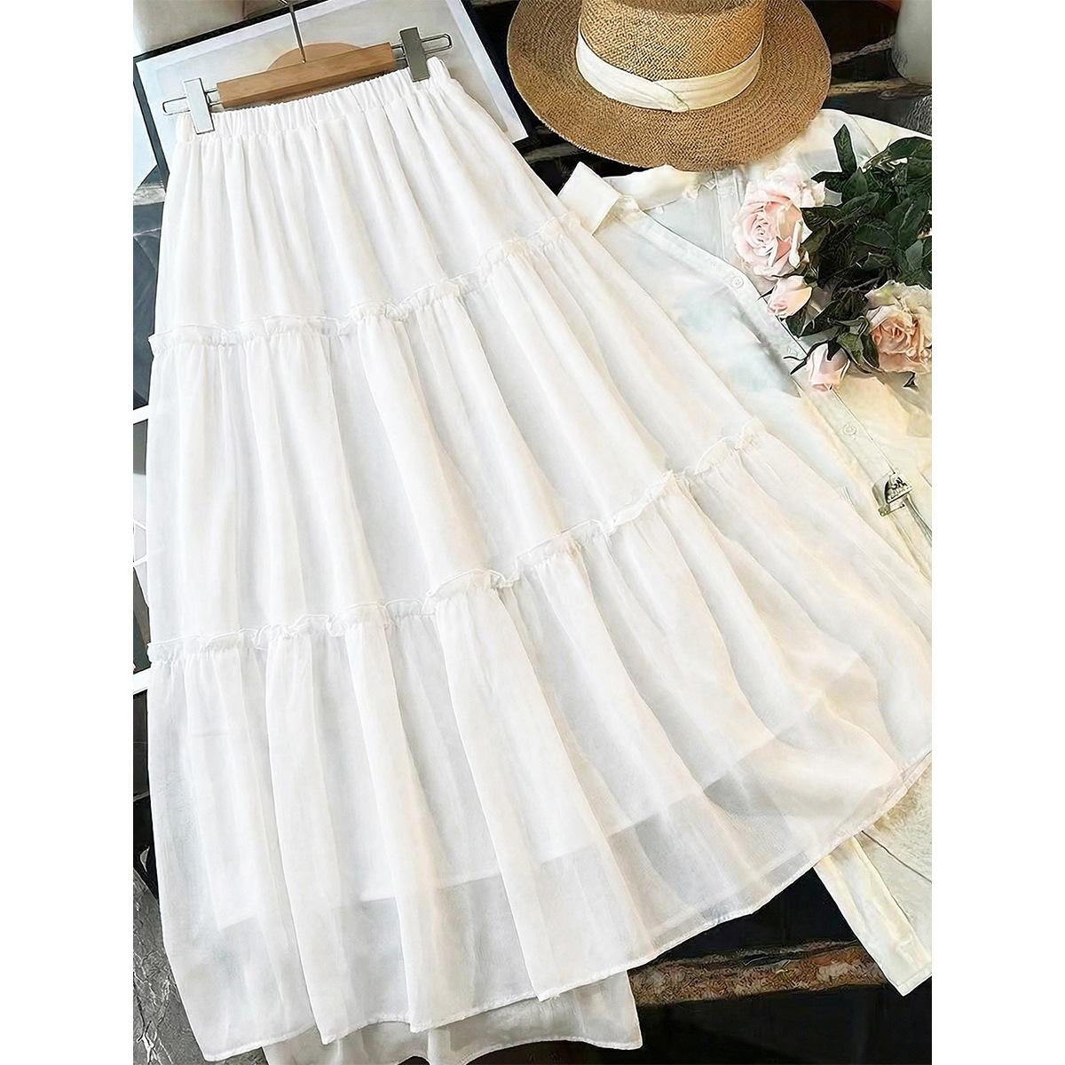 Foreign trade new white cake skirt summer elastic waist multi-layer ruffle edge skirt large size thin skirt XL белый