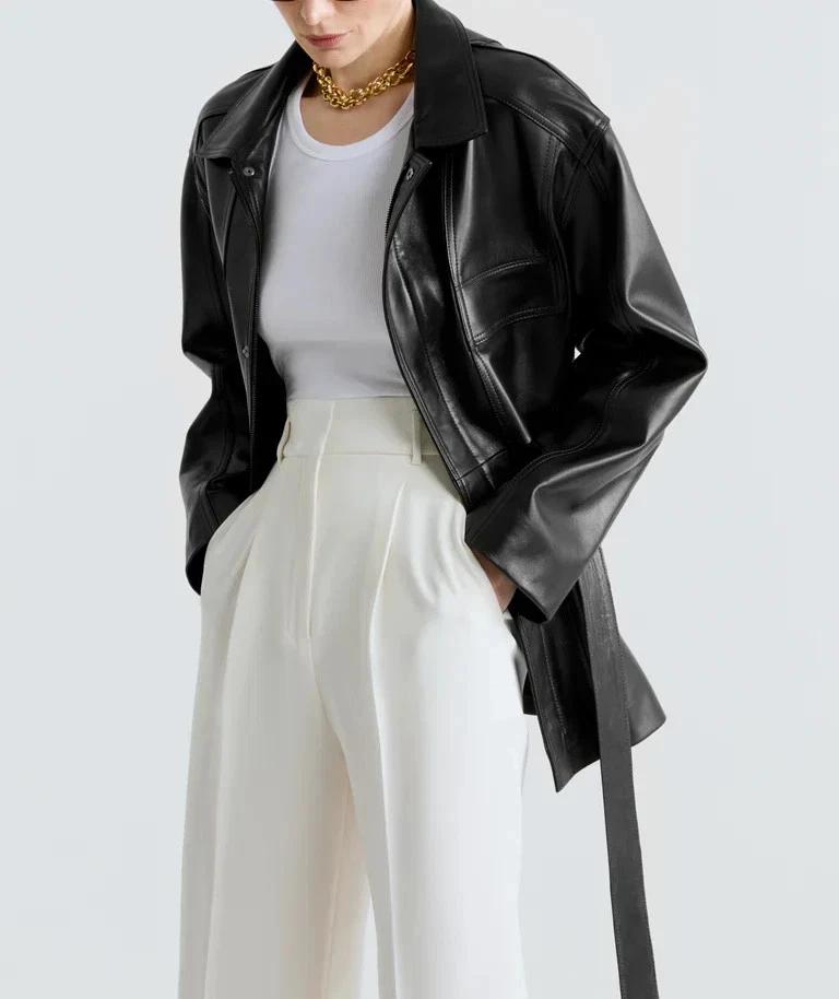 Women's Coat Handmade Lambskin Short Trench Black Leather Genuine Casual Stylish