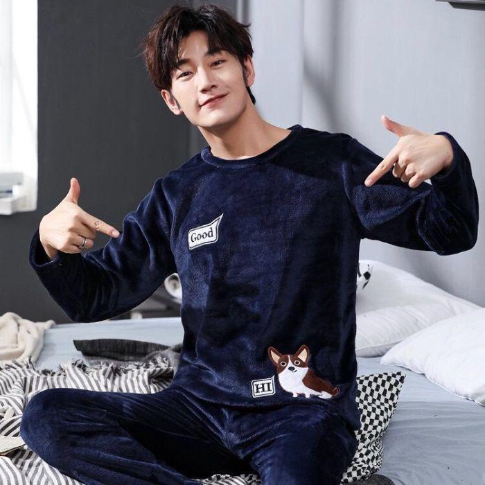 Pyjama en flanelle pour homme: Combinaison en velours épais et polaire corail pour adolescents et étudiants, idéale pour le printemps, l'automne et l'hiver.