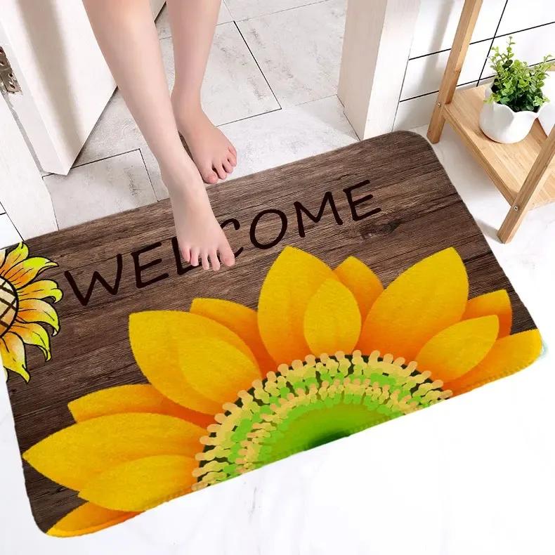 Sunflower Pattern Door Mat with Hello and Welcome Quotes, Natural Coir Rug, Non Slip Entrance Mat for Home Decor and Porch