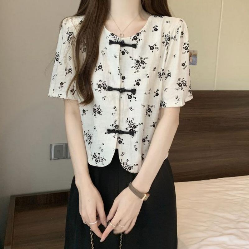 Women New Chinese Style Floral Print Short Sleeve Blouse with Frog Buttons
