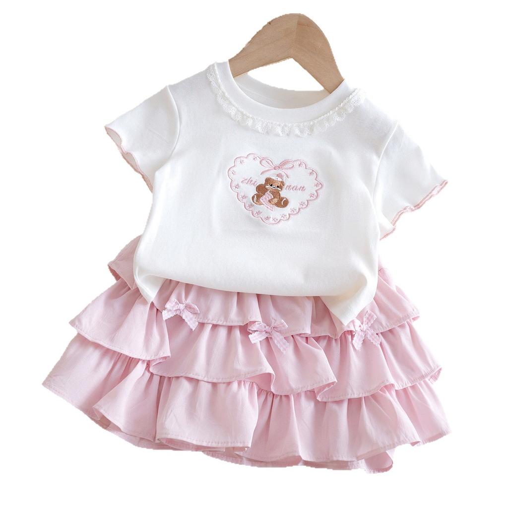 Girls Summer Cartoon Embroidery Two Piece Set Soft Skin Friendly T Shirt With Cake Skirt Cute Stylish Kids Clothing