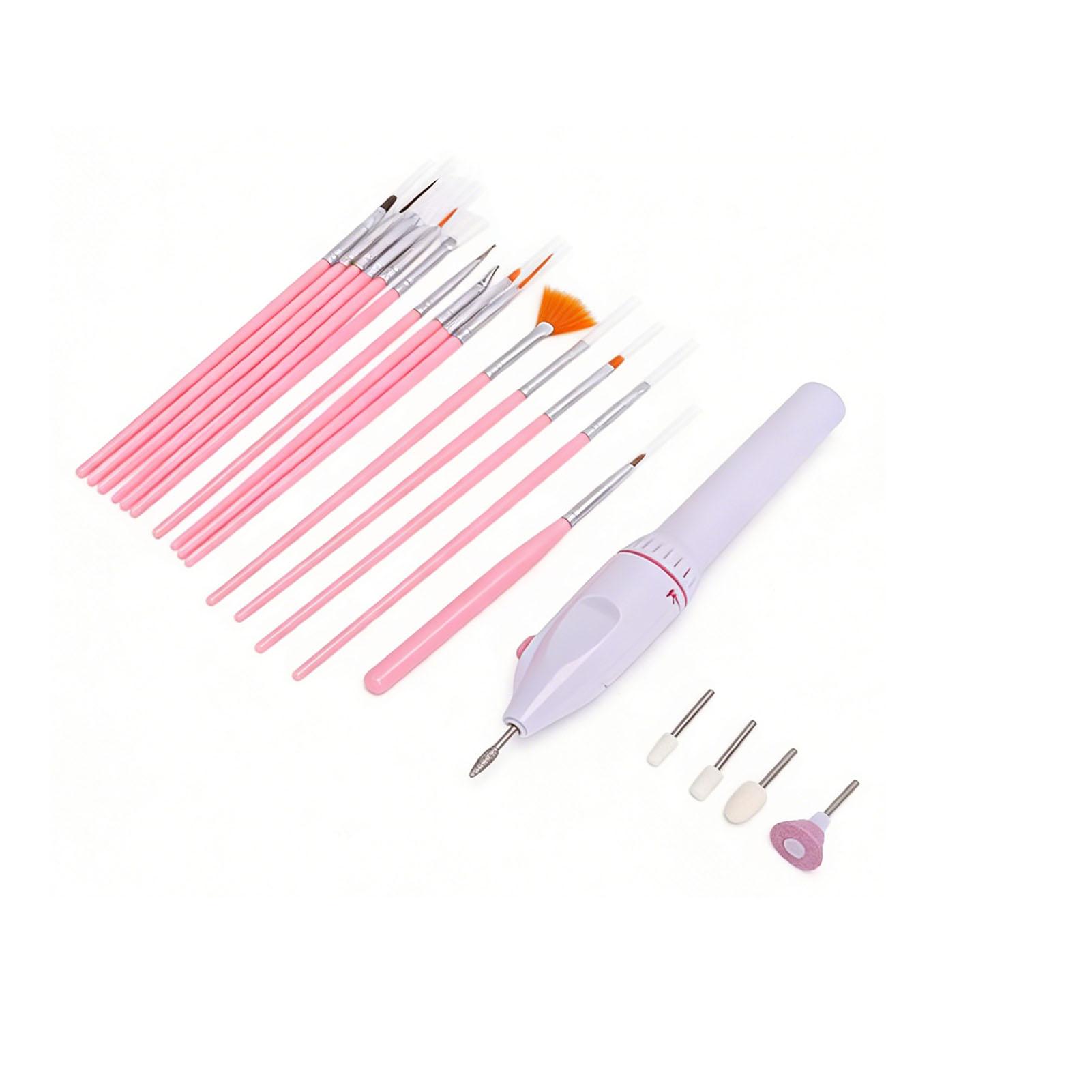 

Electric Manicure Nail Drill Battery Powered File Grinder with 5 Drill Bits 15pcs Nail Art Brushes Set for DIY